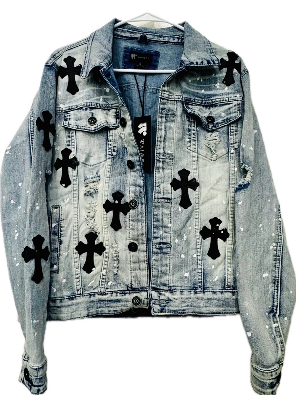 Distressed Light Blue Denim Jacket w Black Cross Appliqués NWT $85 MSRP